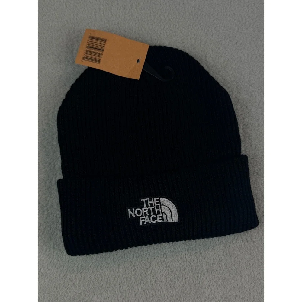 The North Face Black Ribbed Knit Beanie Hat Embroidered Logo and Furry Lining OS